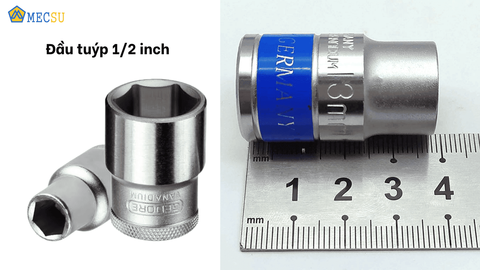 Kích thước đầu tuýp ½ inch đo trên thước